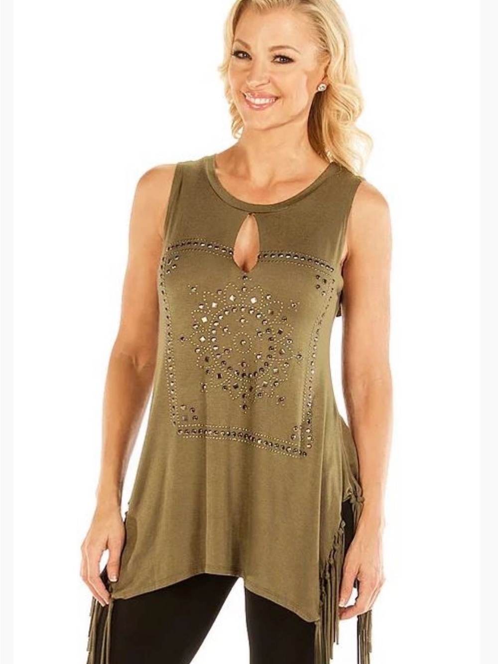 K187 Women’s Medium Green Sz Med Studded Fringe Sleeveless Tunic Top NWT
